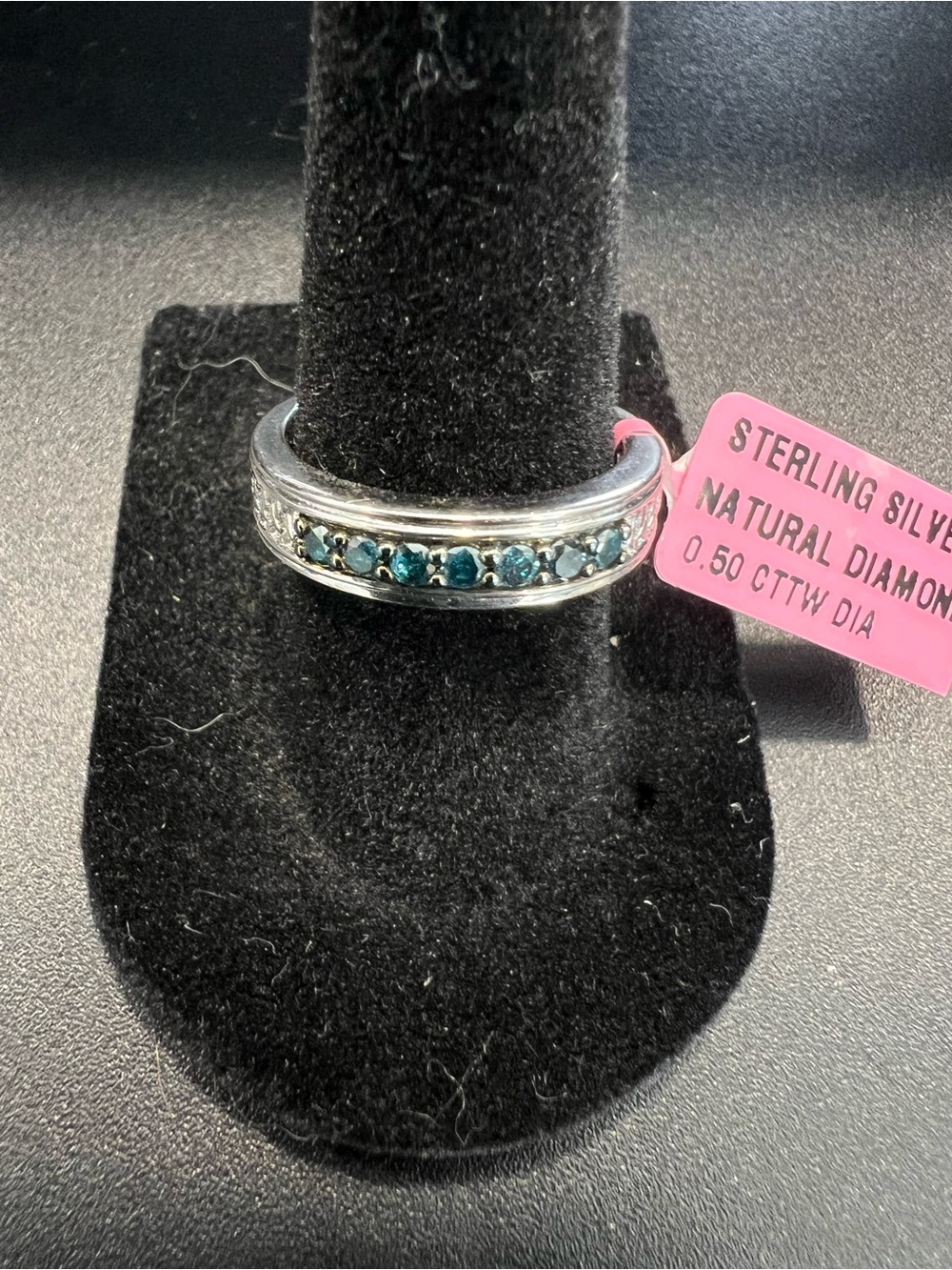 JS Sterling Silver 925 Prong-Set Natural Blue Diamond Band Ring .50ctw